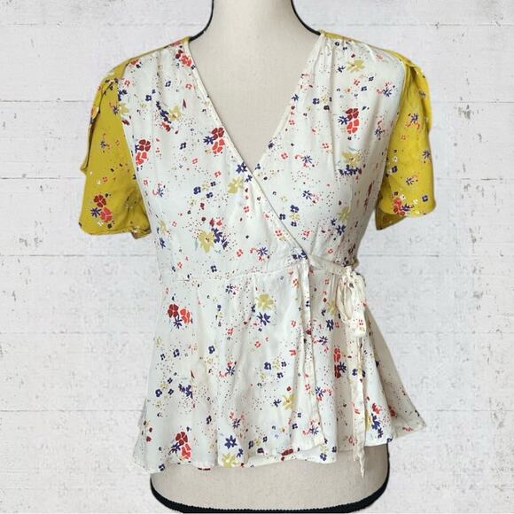 Anthropologie Meadow Rue Bon Voyage Blouse Size 4 Floral Wrap Top Boho Feminine - Picture 4 of 13